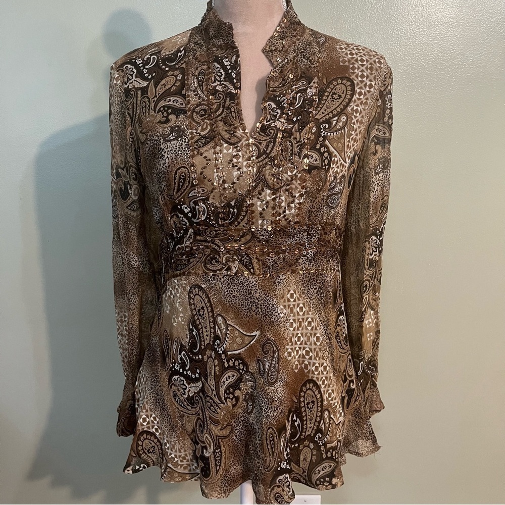 New York City Design Y2K Elegant Paisley Print Women's Top 100% Silk L